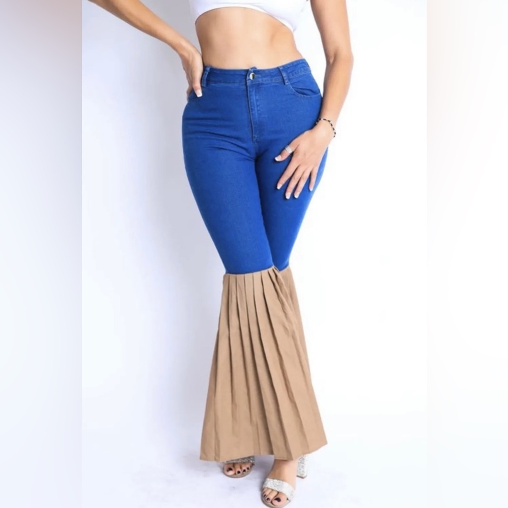 Blue Bell Bottom Pleated Denim Pants